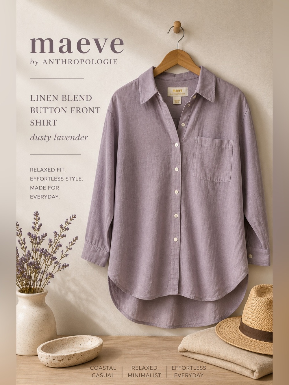 Maeve by Anthropologie Linen Blend Button Front Shirt Dusty Lavender